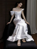Niulatu Mermaid Off The Shoulder Pleats Satin Short Sleeves Wedding Dresses Brides Dress SD2098