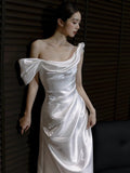 Niulatu Mermaid Off The Shoulder Pleats Satin Short Sleeves Wedding Dresses Brides Dress SD2098