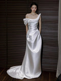 Niulatu Mermaid Off The Shoulder Pleats Satin Short Sleeves Wedding Dresses Brides Dress SD2098