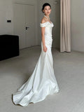 Niulatu Mermaid Off The Shoulder Pleats Satin Short Sleeves Wedding Dresses Brides Dress SD2099
