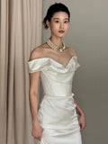 Niulatu Mermaid Off The Shoulder Pleats Satin Short Sleeves Wedding Dresses Brides Dress SD2099