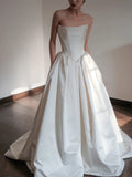 Niulatu Ball Gown Strapless Neckline Long White Satin Wedding Dresses SD2100