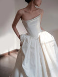 Niulatu Ball Gown Strapless Neckline Long White Satin Wedding Dresses SD2100