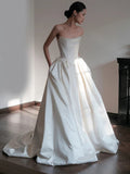 Niulatu Ball Gown Strapless Neckline Long White Satin Wedding Dresses SD2100