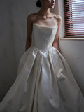 Niulatu Ball Gown Strapless Neckline Long White Satin Wedding Dresses SD2100
