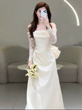 Niulatu Mermaid Off The Shoulder Pleats Satin Long Sleeves Wedding Dresses Brides Dress SD2102
