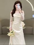Niulatu Mermaid Off The Shoulder Pleats Satin Long Sleeves Wedding Dresses Brides Dress SD2102
