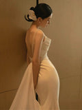 Niulatu Mermaid Straps Backless Pearls Pleats White Satin Ruffles Wedding Dresses SD2103