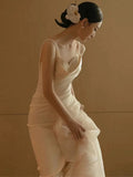 Niulatu Mermaid Straps Backless Pearls Pleats White Satin Ruffles Wedding Dresses SD2103