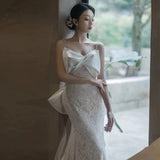 Niulatu Mermaid Spaghetti Straps Lace Pleats White Ruffles Wedding Dresses SD2104