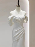 Niulatu Mermaid Off The Shoulder Pleats Satin Short Sleeves Wedding Dresses Brides Dress SD2105