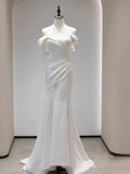 Niulatu Mermaid Off The Shoulder Pleats Satin Short Sleeves Wedding Dresses Brides Dress SD2105