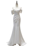 Niulatu Mermaid Off The Shoulder Pleats Satin Short Sleeves Wedding Dresses Brides Dress SD2105