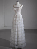 Niulatu A-line Square Neckline White Long Prom Dress Evening Dress Formal Dress SD2106