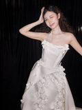 Niulatu Ball Gown Strapless Neckline Long White Satin Floral Wedding Dresses SD2108