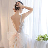 Niulatu Mermaid Straps Backless Pearls Pleats White Satin Wedding Dresses SD2110