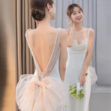 Niulatu Mermaid Straps Backless Pearls Pleats White Satin Wedding Dresses SD2110