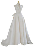 Niulatu Ball Gown Halter Neckline Satin Pleats White Wedding Dresses SD2113
