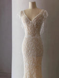 Niulatu Sheath V Neckline Cap Sleeves Lace Ivory Wedding Dresses SD2115