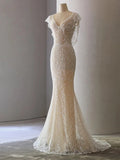 Niulatu Sheath V Neckline Cap Sleeves Lace Ivory Wedding Dresses SD2115