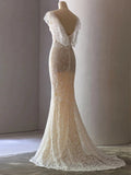 Niulatu Sheath V Neckline Cap Sleeves Lace Ivory Wedding Dresses SD2115