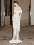 Niulatu Mermaid Off The Shoulder Short Sleeves Long White Wedding Dresses SD2116
