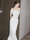 Niulatu Mermaid Off The Shoulder Short Sleeves Long White Wedding Dresses SD2116