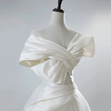 Niulatu Ball Gown Off The Shoulder Long White Satin Wedding Dresses SD2117