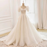 Niulatu Ball Gown Sweetheart Short Sleeves Long White Wedding Dresses SD2119