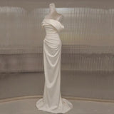 Niulatu Mermaid Off The Shoulder Short Sleeves White Satin Wedding Dresses SD2123