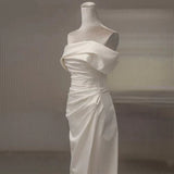 Niulatu Mermaid Off The Shoulder Short Sleeves White Satin Wedding Dresses SD2123