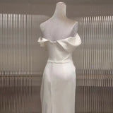 Niulatu Mermaid Off The Shoulder Short Sleeves White Satin Wedding Dresses SD2123