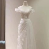 Niulatu Mermaid Off The Shoulder Tulle White Wedding Dresses SD2126