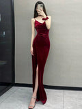 Niulatu Mermaid Spaghetti Straps Burgundy Long Prom Dress Evening Dress Formal Dress SD2132