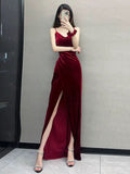 Niulatu Mermaid Spaghetti Straps Burgundy Long Prom Dress Evening Dress Formal Dress SD2132