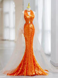 Niulatu Mermaid Scoop Orange Sequin Long Prom Dress Evening Dress Formal Dress SD2136