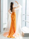 Niulatu Mermaid Scoop Orange Sequin Long Prom Dress Evening Dress Formal Dress SD2136
