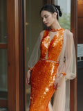 Niulatu Mermaid Scoop Orange Sequin Long Prom Dress Evening Dress Formal Dress SD2136