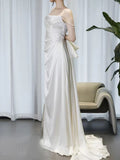 Niulatu A line Spaghetti Straps White Satin Long Wedding Dresses SD2140