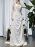 Niulatu A line Spaghetti Straps White Satin Long Wedding Dresses SD2140