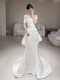 Niulatu Mermaid Off The Shoulder White Satin Long Wedding Dresses Bridal Dress SD2145