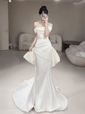 Niulatu Mermaid Off The Shoulder White Satin Long Wedding Dresses Bridal Dress SD2145