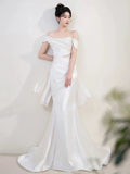 Niulatu Mermaid Off The Shoulder White Satin Long Wedding Dresses Bridal Dress SD2145