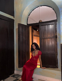 Niulatu Mermaid V Neckline Red Lace Long Evening Dress Prom Dresses SD2148