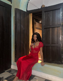 Niulatu Mermaid V Neckline Red Lace Long Evening Dress Prom Dresses SD2148
