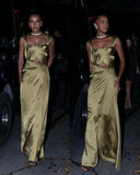 Niulatu A line Square Neckline Green Satin Long Prom Dress Evening Dress Formal Dress SD2157