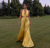 Niulatu A line Halter Neckline Long Yellow Prom Dress Evening Dress Formal Dress SD2161
