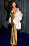 Niulatu Mermaid Spaghetti Straps Gold Long Prom Dress Evening Dress Formal Dress SD2167