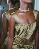 Niulatu A line Square Neckline Green Satin Long Prom Dress Evening Dress Formal Dress SD2170