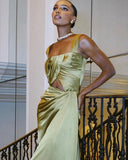 Niulatu A line Square Neckline Green Satin Long Prom Dress Evening Dress Formal Dress SD2170